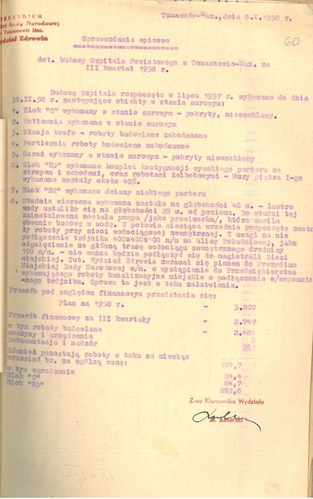 Sprawozdanie opisowe dotyczące budowy szpitala, 1958 r.